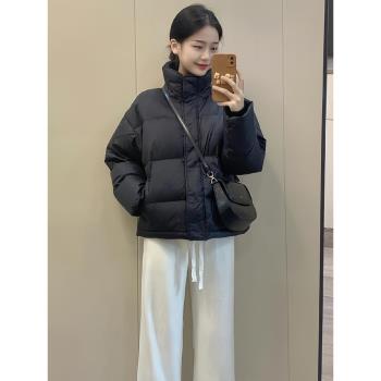 黑色短款羽絨服女款2024年新款小個子輕薄立領麵包服女士冬季外套