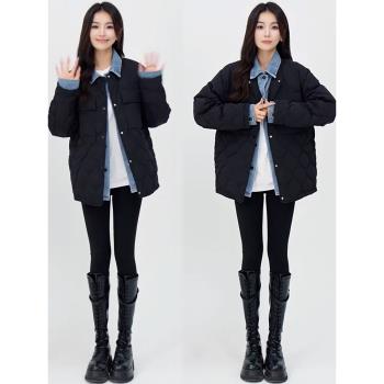 時尚輕薄羽絨棉服女2024冬季新款洋氣顯瘦假兩件牛仔拼接棉衣外套