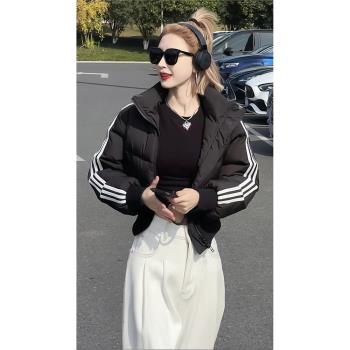 美式立領三條槓短款羽絨棉服女2024冬季新款休閑時尚百搭保暖外套