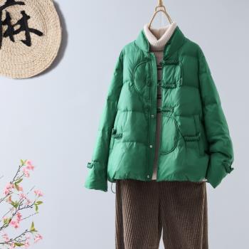 冬季新款復古立領白鴨絨羽絨服女裝休閑百搭純色單排扣顯瘦厚外套