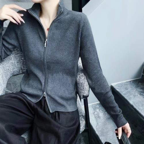 2025秋季休閑雙頭拉鏈立領條紋開衫簡約百搭細坑條針織衫修身外套