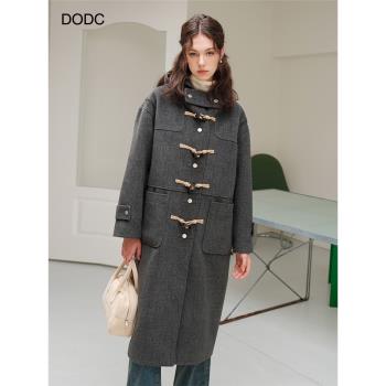dodc復古學院風連帽灰色牛角扣大衣女秋冬呢子中長款寬松毛呢外套