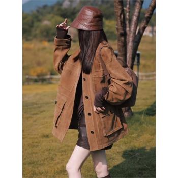 2024新款美拉德獨特超好看小個子棕色麂皮外套女秋冬季加厚中長款