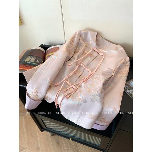 新中式粉色國風提花盤扣短外套女2025秋季新款高級感氣質短款上衣