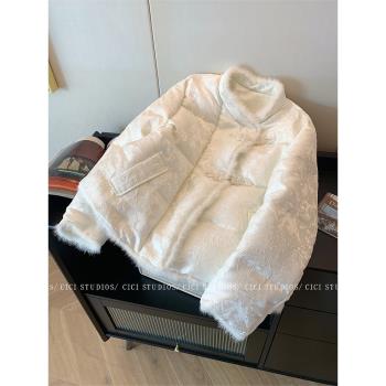 新中式立領短款毛邊拼接棉服外套女秋冬2024新款加厚保暖夾棉上衣
