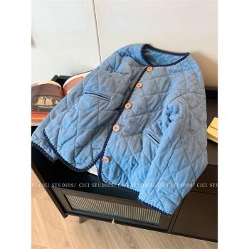 藍色圓領單排扣牛仔菱格棉服外套女秋冬2024新款復古寬松保暖上衣