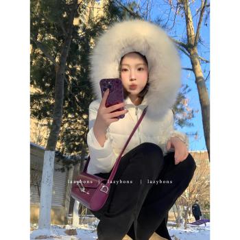 冬季羽絨服女款2024新款名媛氣質收腰顯瘦短款連帽毛毛領棉服外套