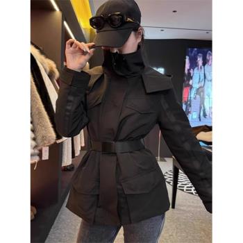黑色立領收腰工裝棉服外套女冬季韓系簡約高階感加厚保暖棉衣上衣