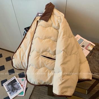 卡其色翻領棉服女2024年冬季新款小眾設計感韓系法式復古夾棉外套
