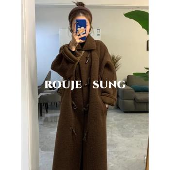 ROUJE SUNG法式咖色牛角扣羊羔絨大衣女冬季加厚高階感毛毛外套
