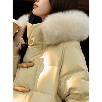 牛角扣新國標90白鴨絨羽絨服女中長款過膝寬松加厚狐貍毛領外套冬