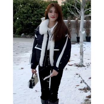 韓版時尚拼接毛領短款羽絨棉服女冬季新款設計感小眾保暖加厚外套