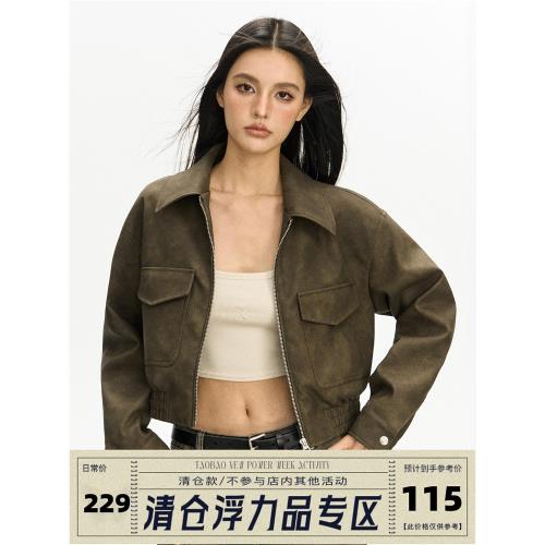 Ariseism 高街仿麂皮雙口袋復古春秋寬松拉鏈休閑夾克純色外套女