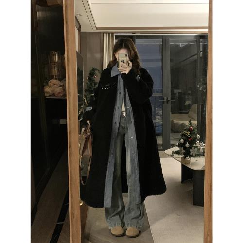 大碼牛仔拼接黑色羊羔毛外套女2025冬胖mm韓版寬松加厚設計感大衣