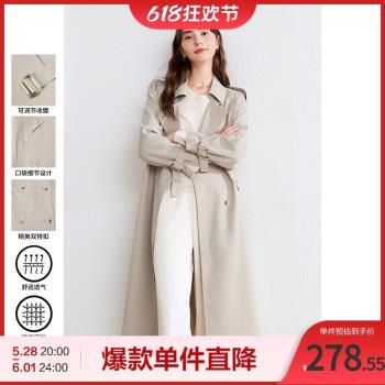 百圖中長款風衣外套2024新品寬松雙排扣風衣通勤百搭配腰帶