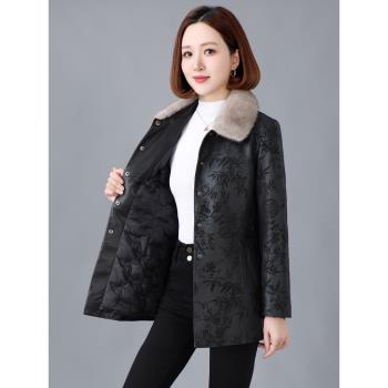 綿羊皮羽絨服女外套2024年冬季新款國風壓花拆卸水貂毛領真皮皮衣