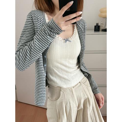 秋季韓系穿搭灰白條紋撞色長袖開衫白色背心女內搭兩件套上衣打底
