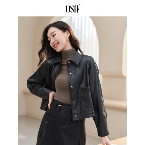 OSA復古黑色秋冬季皮夾克短外套