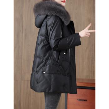 真皮羽絨服女2024冬新款海寧綿羊皮衣中長款連帽外套加絨加厚皮草
