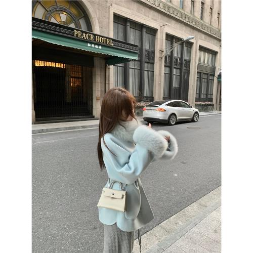 Wuuus【冰雪精靈】藍色狐貍毛雙面呢毛領大衣女秋冬斗篷名媛外套