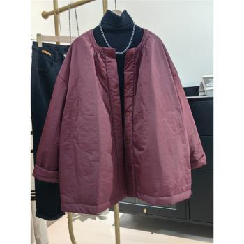時尚歐貨大版寬松圓領棉服外套女2024冬季新款設計感復古輕薄棉衣