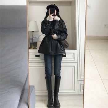 ROUJE MOSMOS機車黑色皮衣外套女冬季輕熟復古高階顯瘦加厚派克服