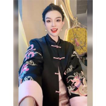 新中式國風高階感超好看黑色外套女早春2025新款唐裝刺繡盤扣上衣
