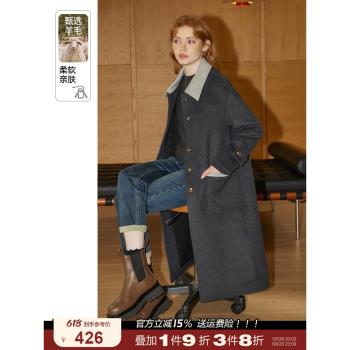 庫恩瑪維赫本風毛呢外套女裝2024年冬季新款綿羊毛中長款方領大衣