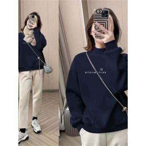 外貿原單大牌女裝半高領加絨加厚衛衣洋氣秋冬外套簡約顯瘦上衣潮