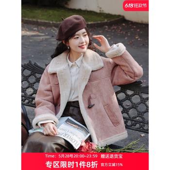 慕兔復古仿麂皮厚外套女冬季2024新款高階感加絨保暖皮毛一體上衣