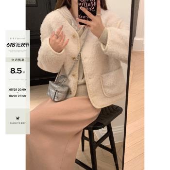 嗆口泡菜奶杏色設計感仿皮草外套女冬季托斯卡納皮毛一體羊羔毛上