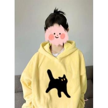 黃色印花加絨加厚連帽衛衣卡通