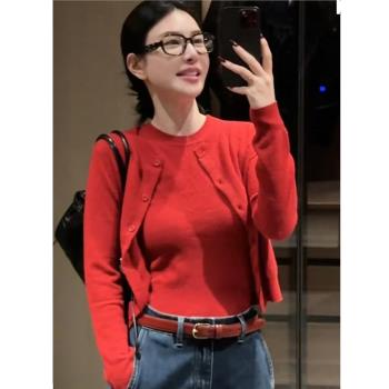 春秋季紅色毛衣開衫外套加吊帶兩件套2024年新款小個子針織衫上衣