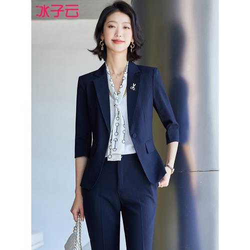 藏青色西裝外套女夏季條紋工作服職業裝正裝七分袖薄款小西服套裝