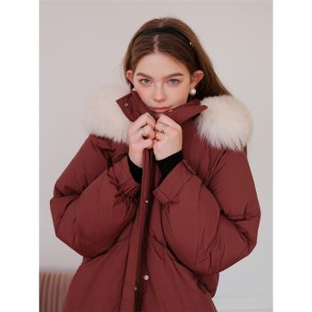 dodc酒紅色中長款連帽羽絨服女2024冬季新款白鴨絨狐貍毛保暖外套