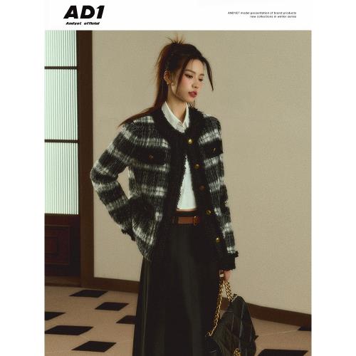 ANDYET AD1 原創格紋拼接小香風外套無領毛邊設計感夾克女秋冬季