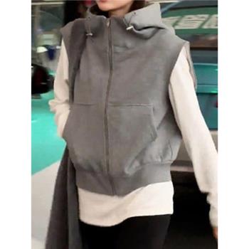 歐貨灰色無袖連帽衛衣馬甲女2024秋季新款高階感時尚馬夾背心外套