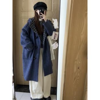 連帽牛角扣呢子大衣女毛呢外套2024秋冬季新款高階感小個子中長款