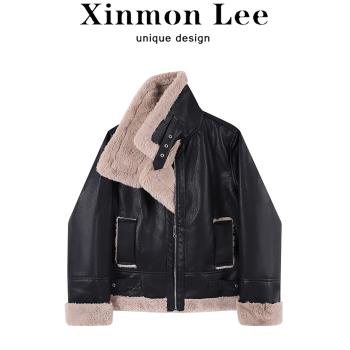 XinmonLee高階感PU皮衣夾克外套女秋冬寬松皮毛一體機車上衣加厚
