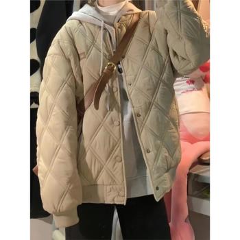 美式棉衣女冬季韓系2024年新款棉襖菱形格棉服秋冬夾棉棒球服外套