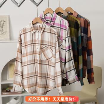 質感磨毛絨|在售40美金/美單翻領長袖寬松格紋襯衫女春秋外套外貿