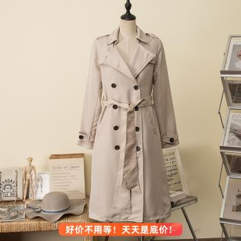 極簡實穿|韓系英倫風純色大翻領雙排扣中長款系帶風衣女外套