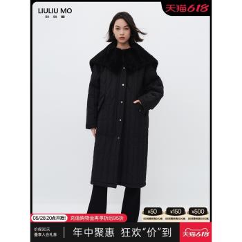 劉劉墨可拆卸毛毛大翻領連帽棉衣女長款2024新款冬季保暖棉服外套