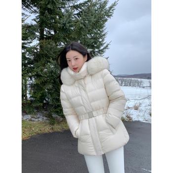 冬季中長款修身收腰羽絨服女新款真狐貍大毛領白鴨絨外套韓版上衣
