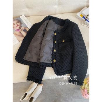 黑色小香風羽絨服女冬季2024新款高階法式亮絲小個子羊毛短款外套