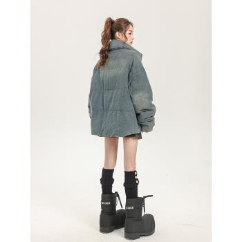 復古水洗牛仔外套女冬季2024新款寬松設計感加厚白鴨絨立領羽絨服