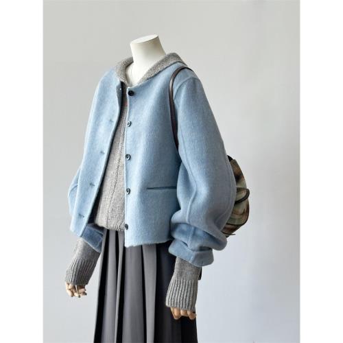 2025新款爆款韓系慵懶風小個子氣質高級感藍色短款毛呢外套女秋冬