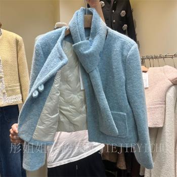 2024冬款小香風羽絨服設計感圓領單排扣白鴨絨內膽圍脖毛呢短外套