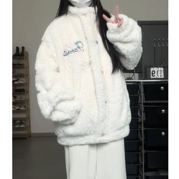 奶呼呼刺繡字母羊羔毛立領外套女秋冬季寬松加厚甜美溫柔棉服棉衣