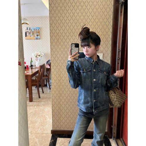 美式復古翻領多口袋修身牛仔外套女2024春秋通勤氣質短款夾克上衣